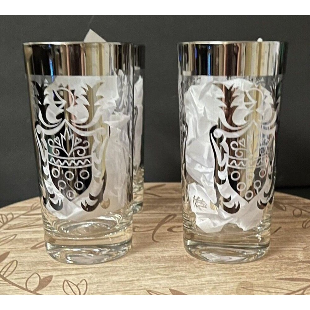 MCM Signed Kimiko Guardian Shield Crest Highball Glasses Silver 1960's Lot of 4